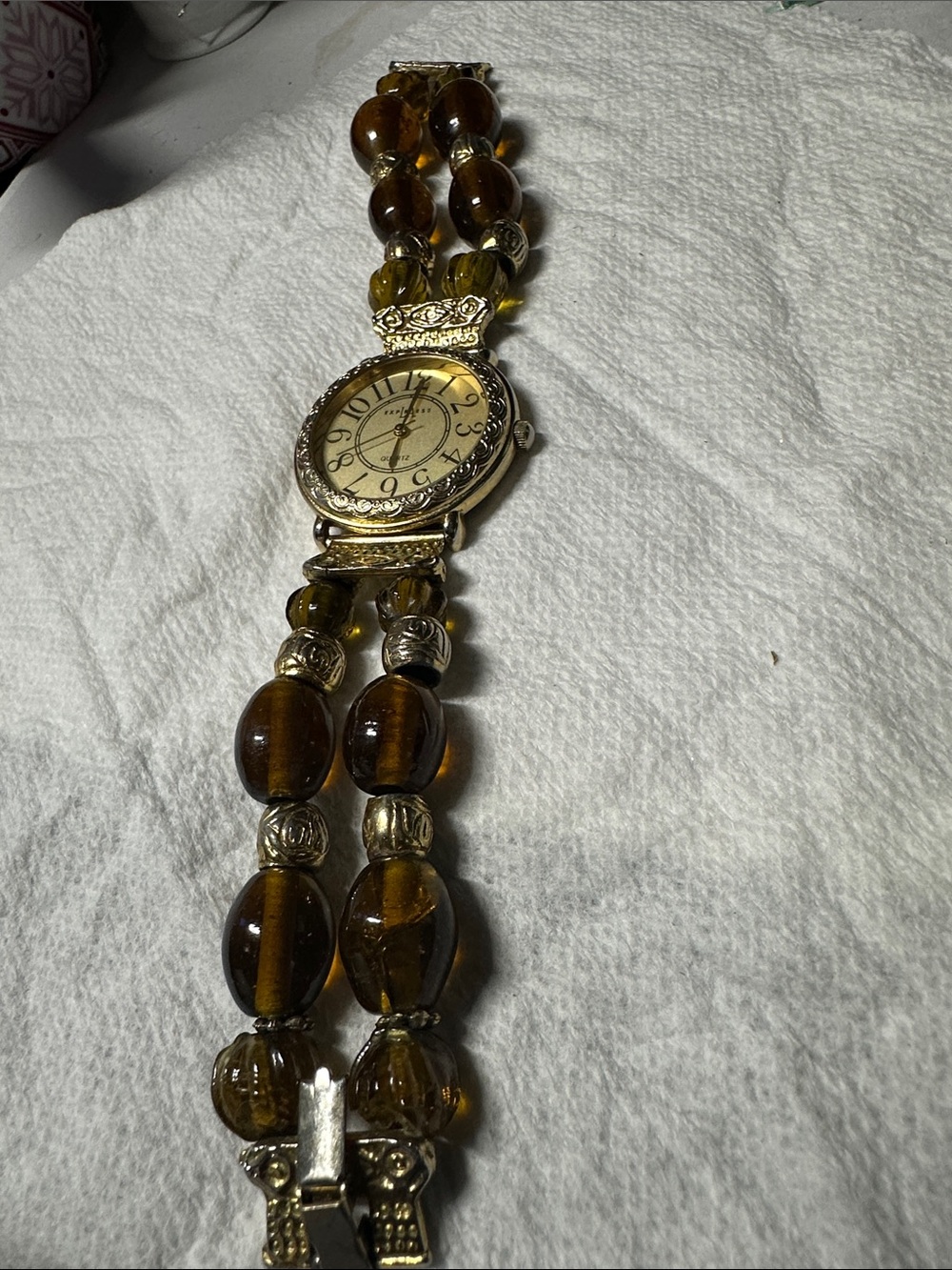 Gold-Tone Amber Bead Women's Bracelet Watch-batteries not included/need repair